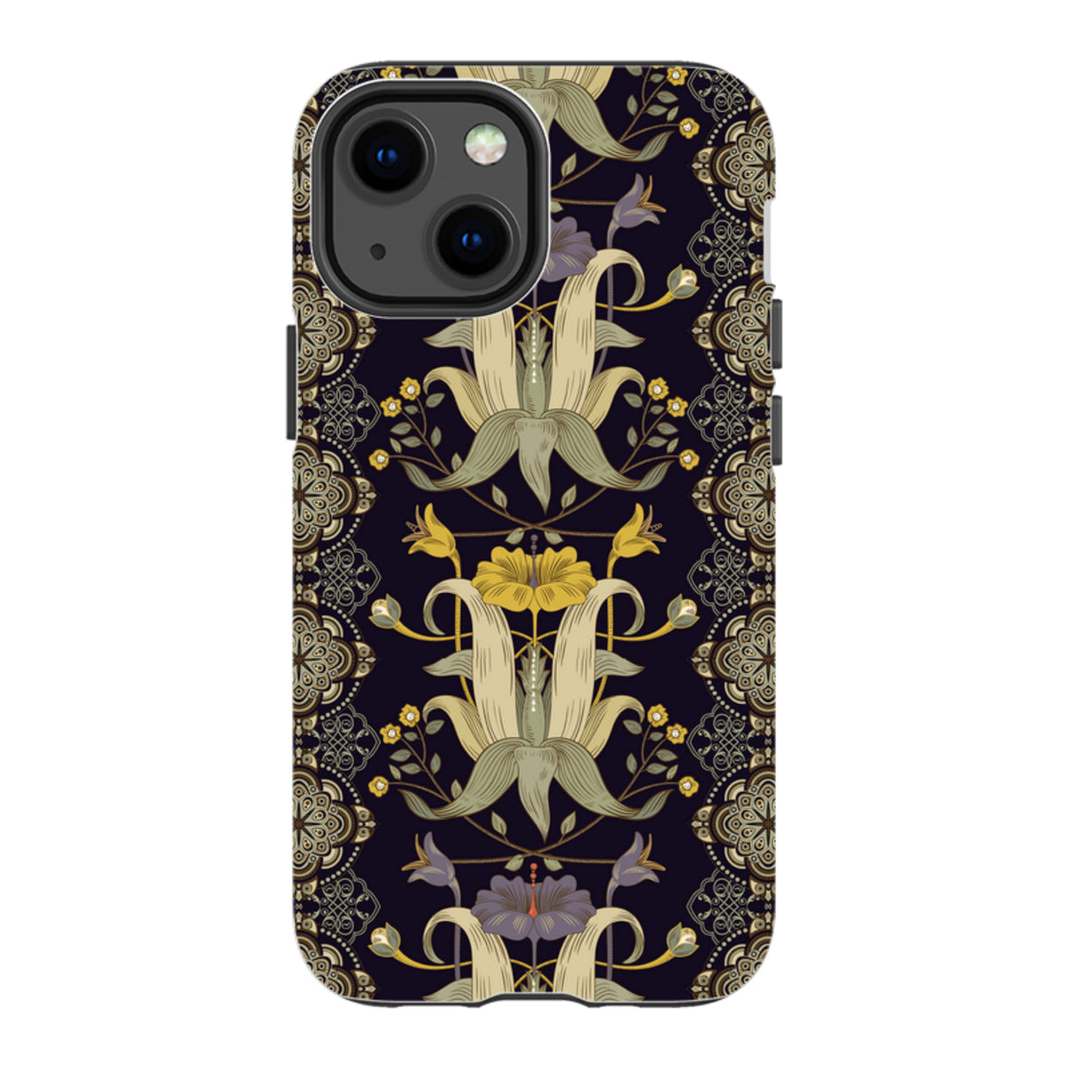 iPhone tough case featuring a dark floral Chiddingford pattern with intricate botanical motifs and dual-layer protection.