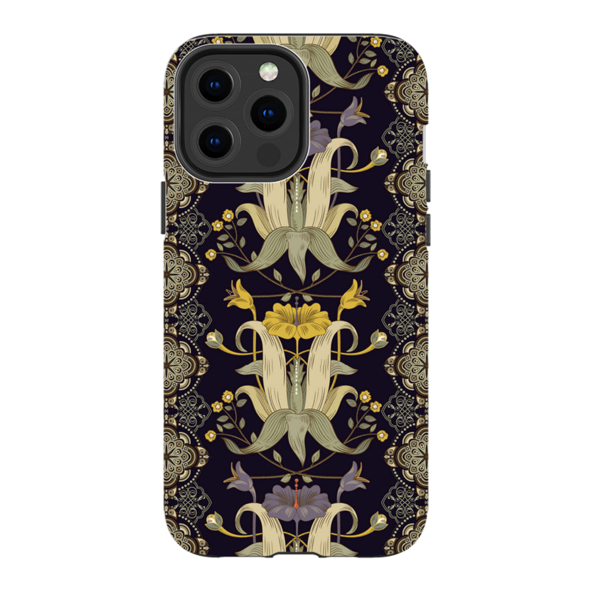 iPhone Tough Case featuring a dark floral Chiddingford pattern with intricate yellow and purple botanical motifs.