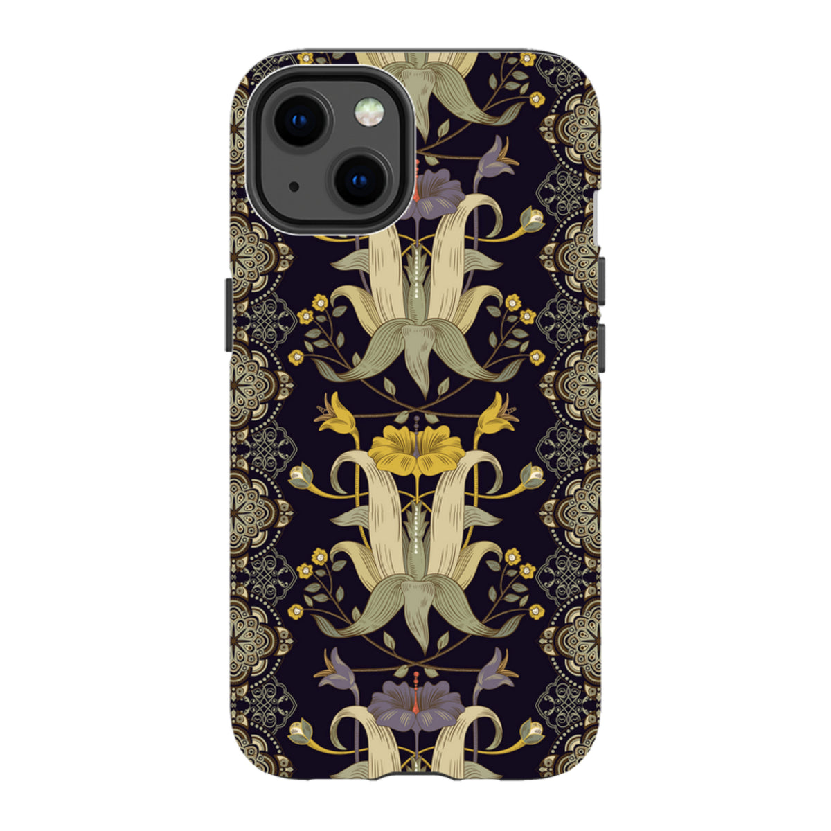 iPhone tough case featuring a dark Chiddingford floral pattern with ornate gold and purple botanical illustrations.