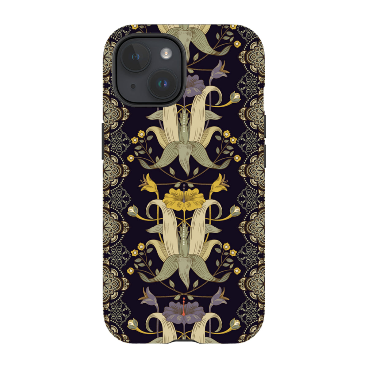 iPhone tough case with a dark floral Chiddingford pattern, featuring intricate vintage-style botanical art.