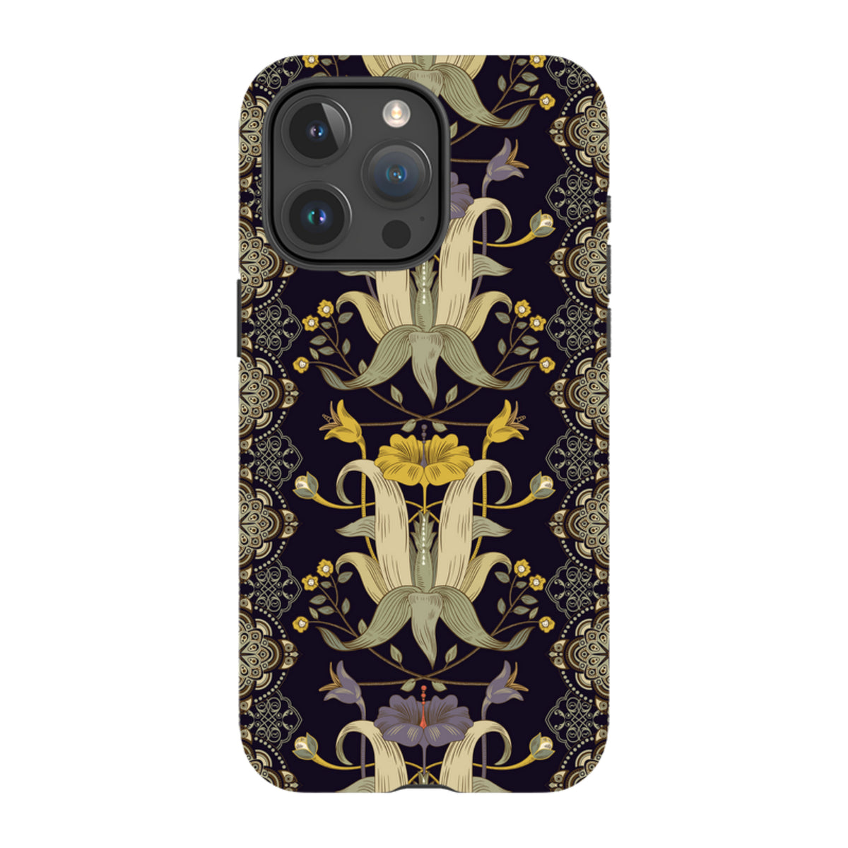 iPhone tough case featuring a dark floral Chiddingford pattern with intricate yellow and purple botanical illustrations.
