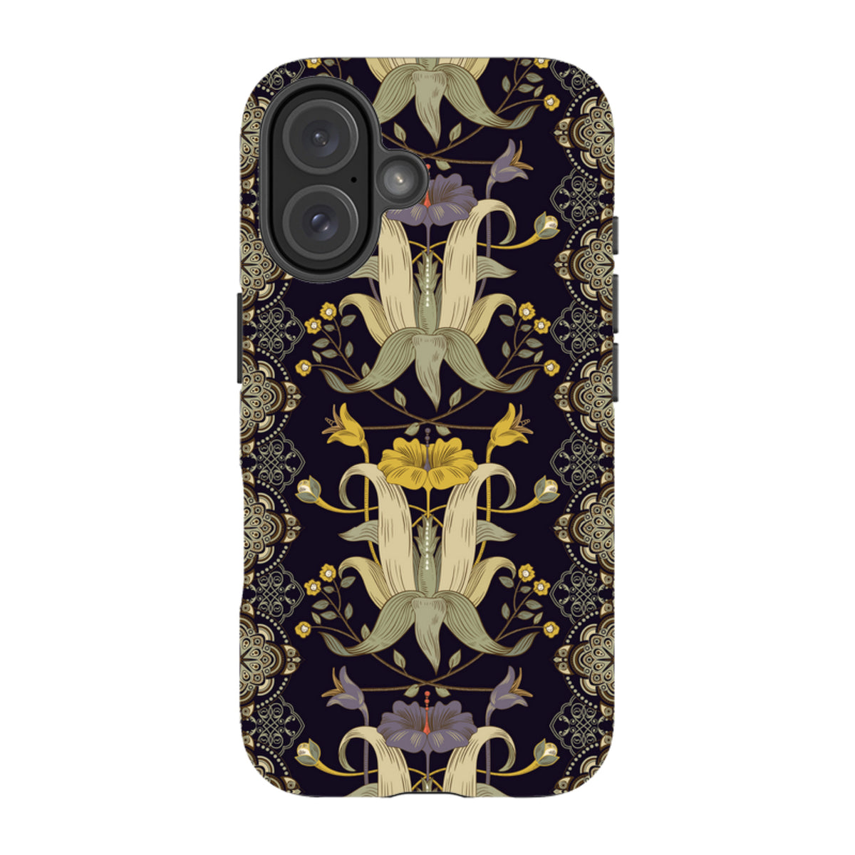 iPhone Tough Case in Chiddingford design featuring a dark floral pattern with intricate yellow and purple botanical motifs.
