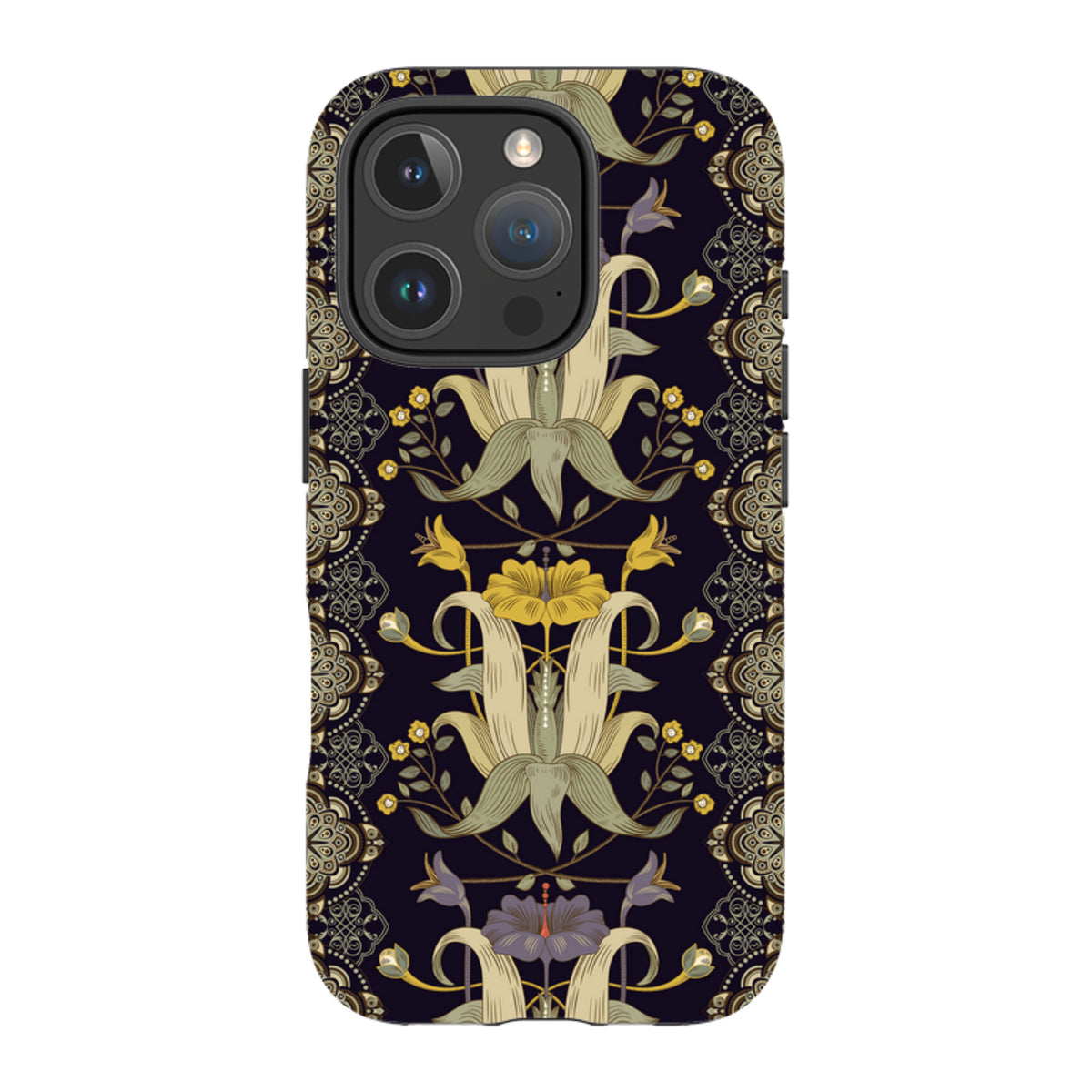 iPhone Tough Case featuring a dark floral Chiddingford pattern with intricate yellow and purple botanical illustrations.
