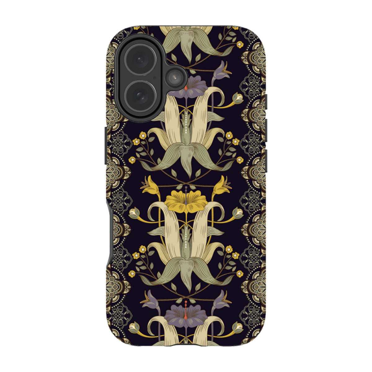 iPhone Tough Case in Chiddingford design featuring a dark floral pattern with intricate gold and purple botanical motifs.