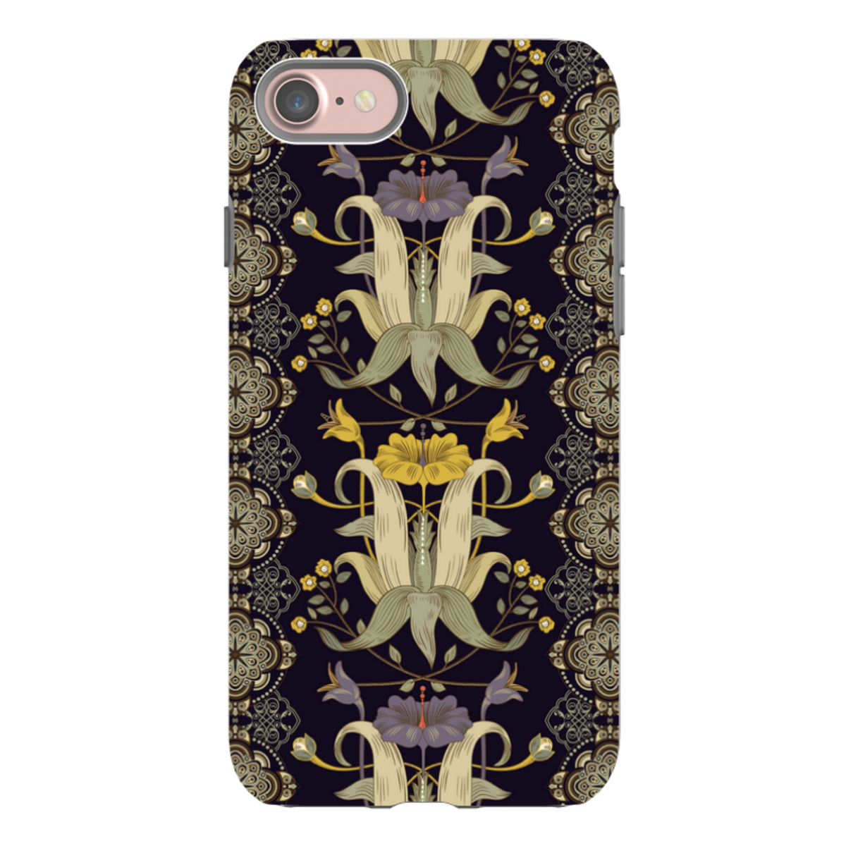 iPhone Tough Case featuring a dark floral Chiddingford pattern with intricate botanical motifs and gold accents.