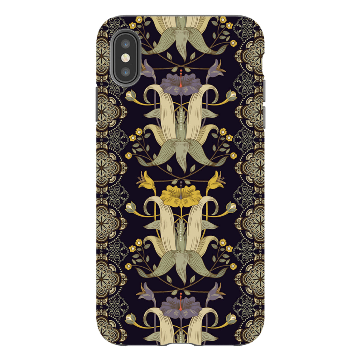 iPhone Tough Case in Chiddingford design featuring a dark floral pattern with intricate gold and purple botanical motifs.