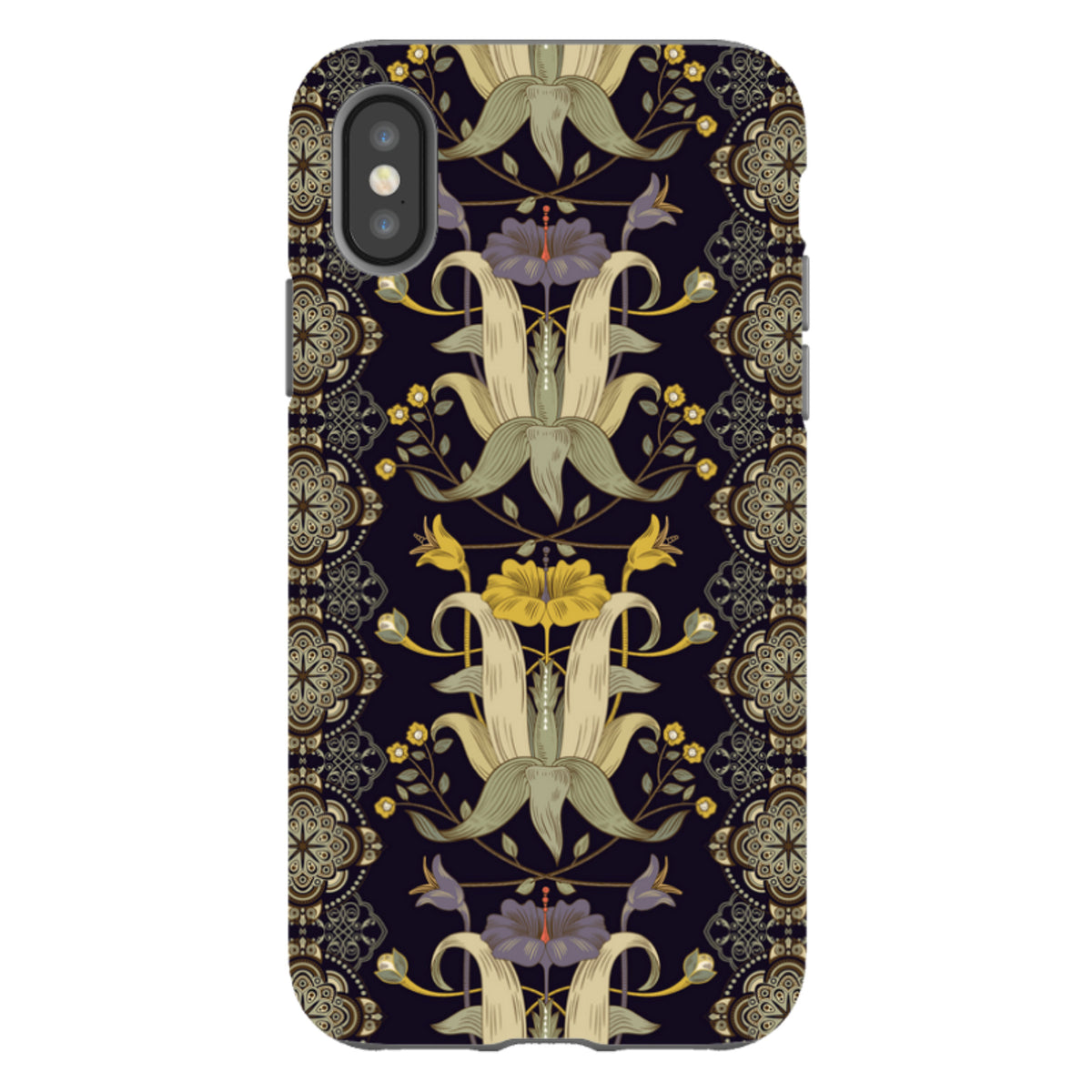 iPhone tough case featuring a dark floral Chiddingford pattern with intricate gold and purple botanical illustrations.