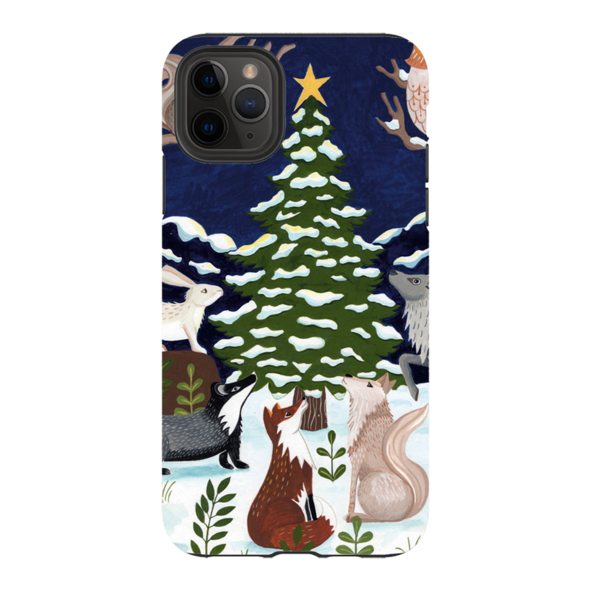 iPhone tough case featuring a snowy Christmas tree, forest animals, and a yellow star on a dark blue background.