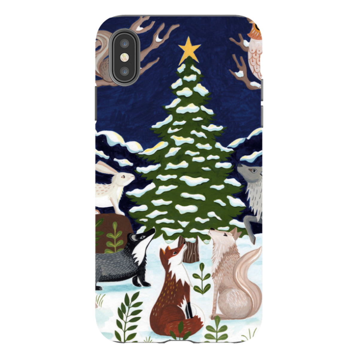 iPhone tough case featuring a snowy Christmas tree, woodland animals, and a starry night sky by Bex Parkin.