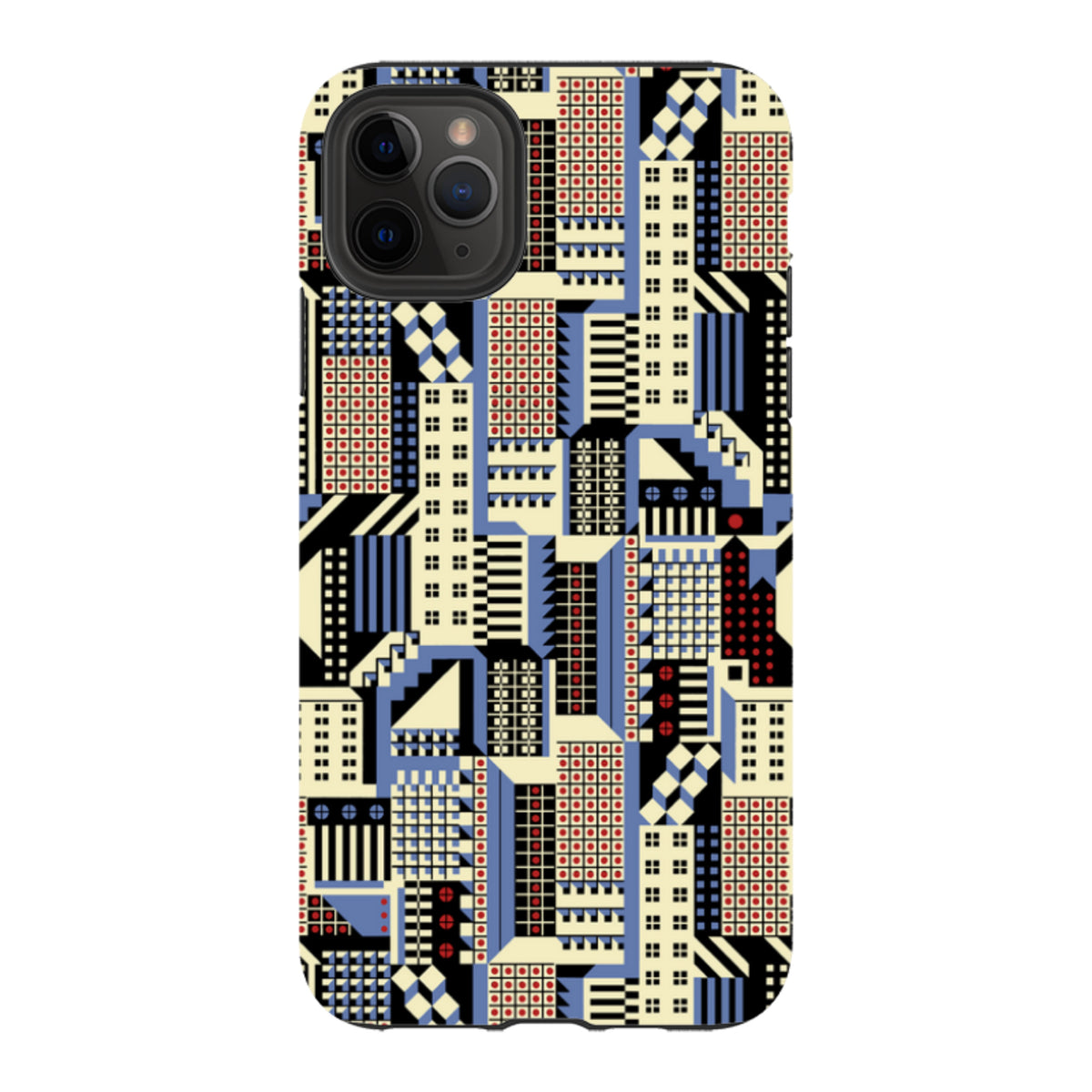iPhone tough case featuring Cressida Bell's Cityscape art with geometric patterns in blue, cream, black, and red.