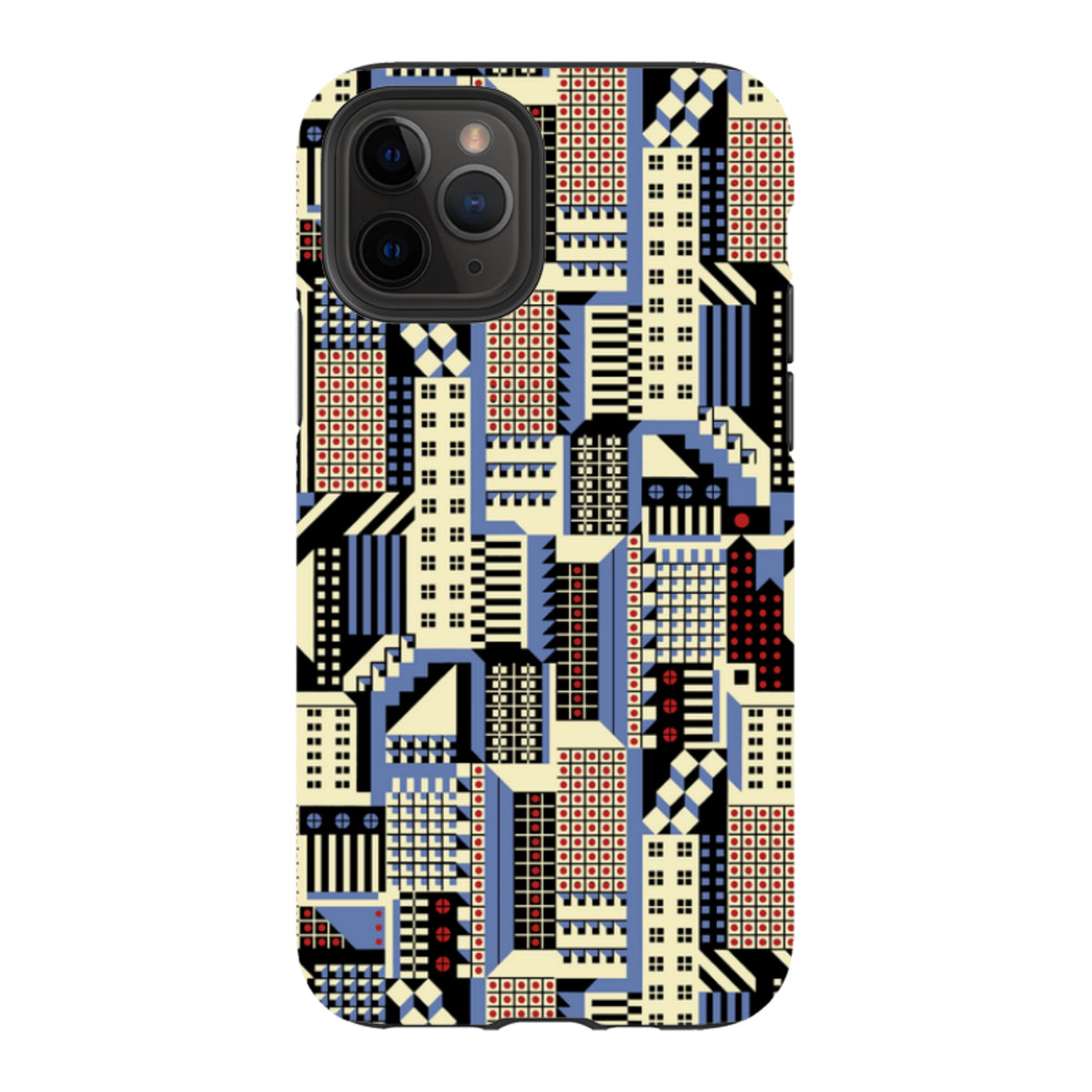iPhone tough case featuring Cressida Bell's Cityscape art with a geometric, multi-colored architectural pattern.