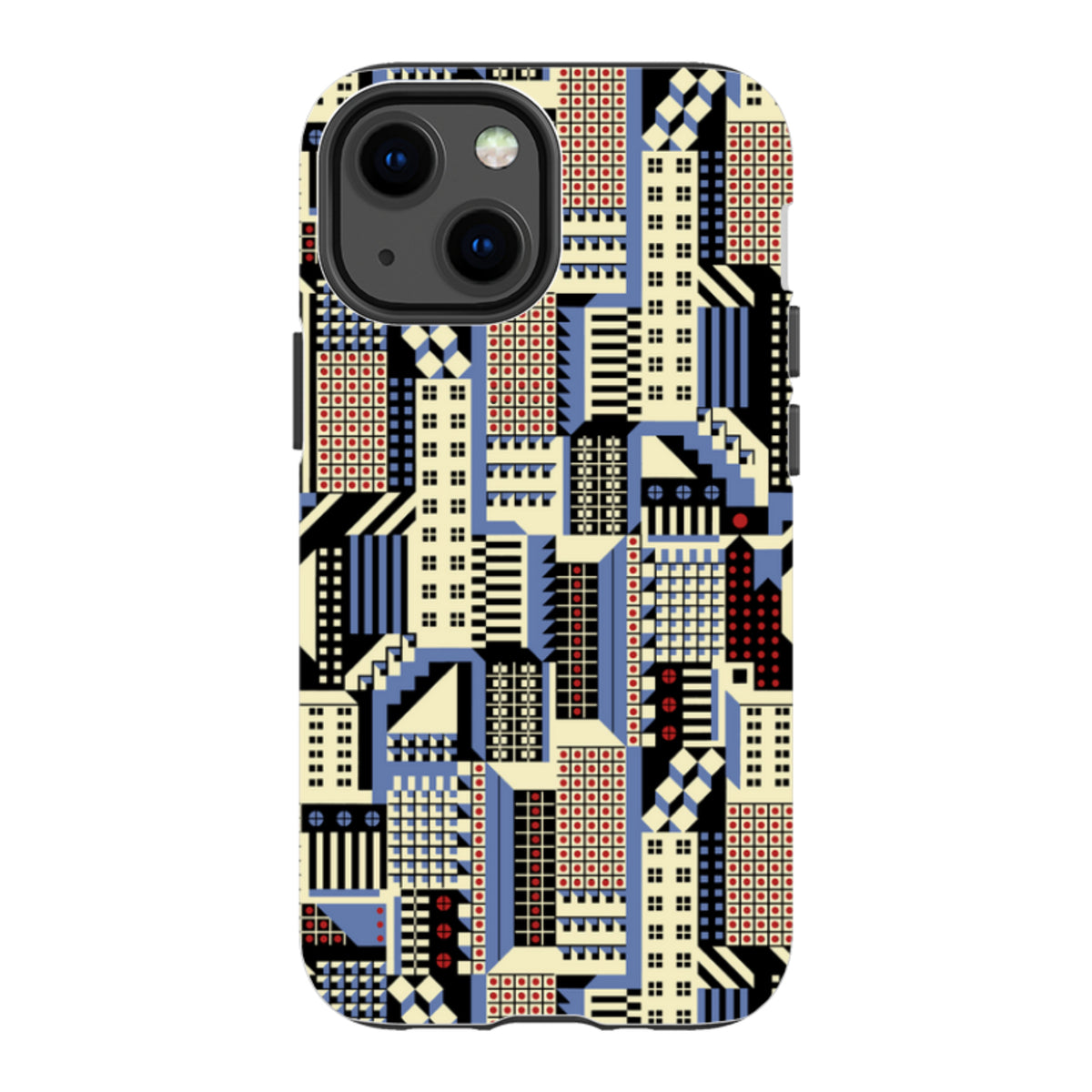 iPhone tough case featuring a geometric Cityscape pattern by Cressida Bell in blue, red, black, and cream tones.