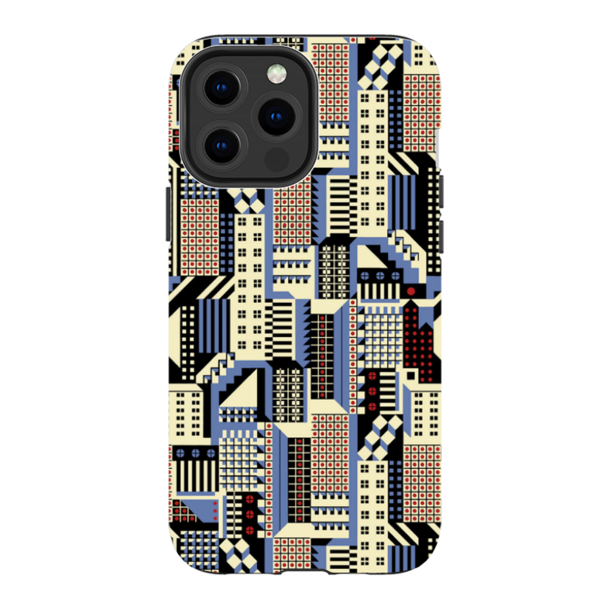 Dual-layer iPhone tough case featuring Cressida Bell’s geometric Cityscape print in blue, cream, black, and red.