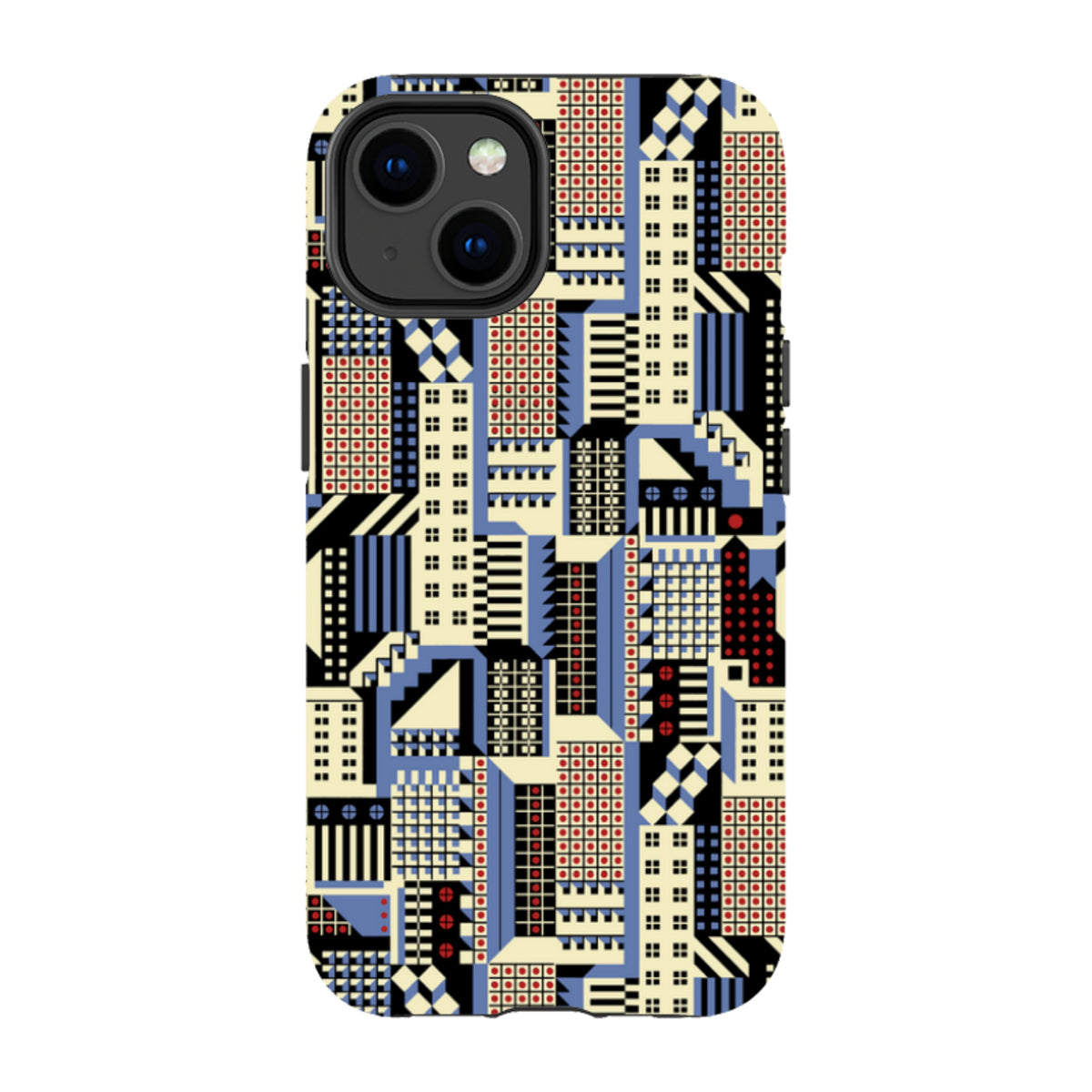 iPhone tough case featuring Cressida Bell's Cityscape geometric pattern in blue, red, black, and cream on a durable shell.