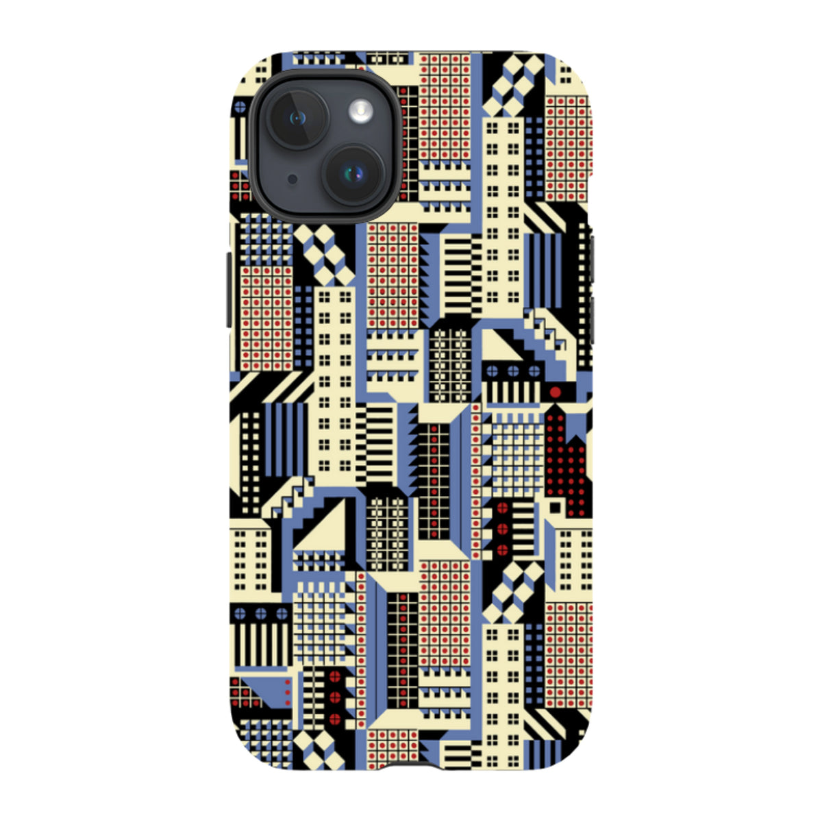 iPhone tough case featuring Cressida Bell's Cityscape geometric pattern in blue, red, black, and cream on a dual-layer shell.