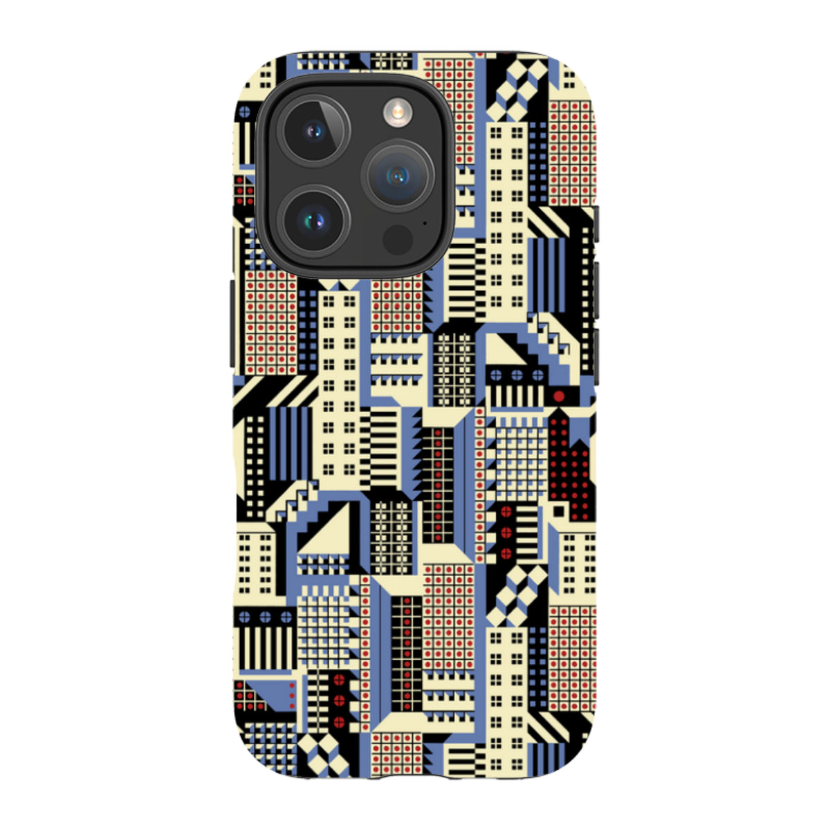 iPhone Tough Case featuring a geometric Cityscape pattern by Cressida Bell with blue, cream, and red abstract motifs.