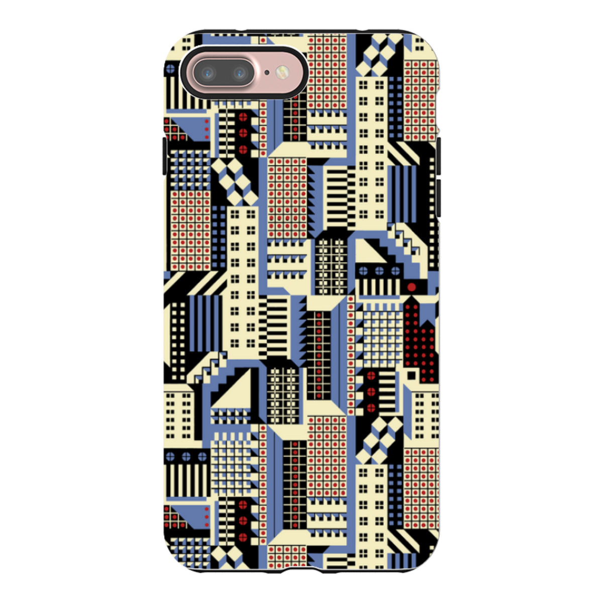 iPhone tough case featuring a geometric Cityscape pattern by Cressida Bell in blue, cream, black, and red accents.