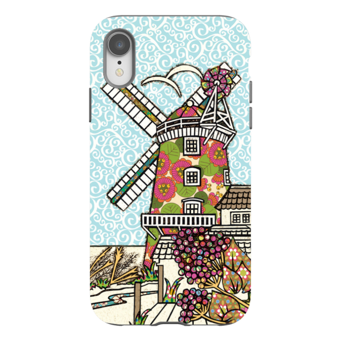iPhone tough case featuring Amelia Bowman’s Cley Windmill art with floral patterns against a light blue swirl background.