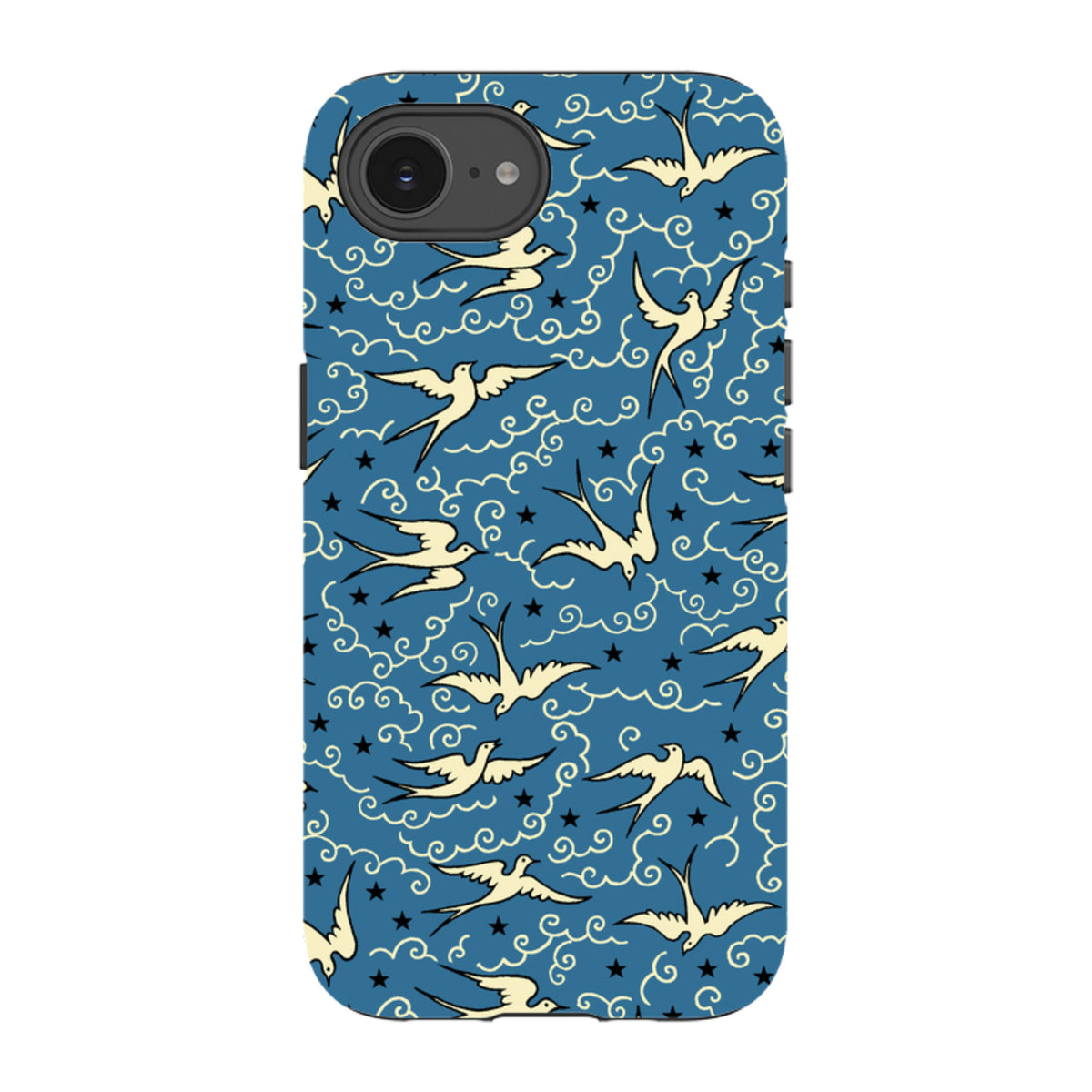 iPhone tough case featuring a blue background with a white swallow bird, cloud, and star pattern by Cressida Bell.