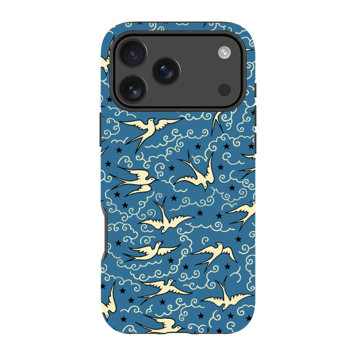 iPhone tough case with a blue background featuring a Cressida Bell pattern of white birds, swirling clouds, and black stars.