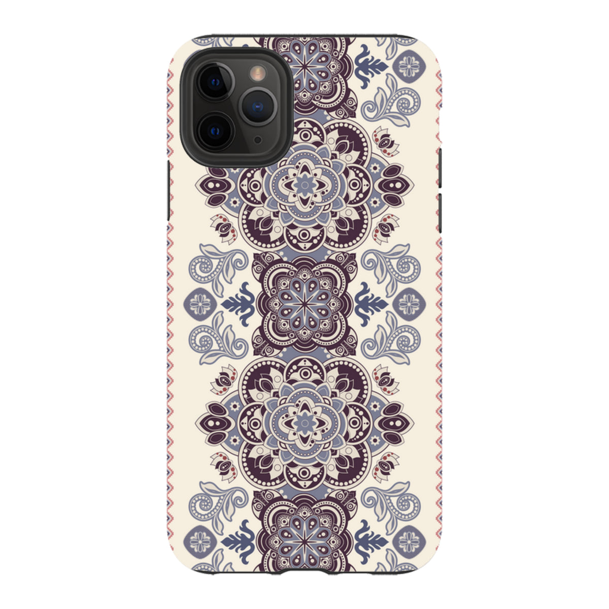 iPhone Tough Case in Clovelly design featuring a cream, purple, and blue floral mandala pattern with dual-layer protection.