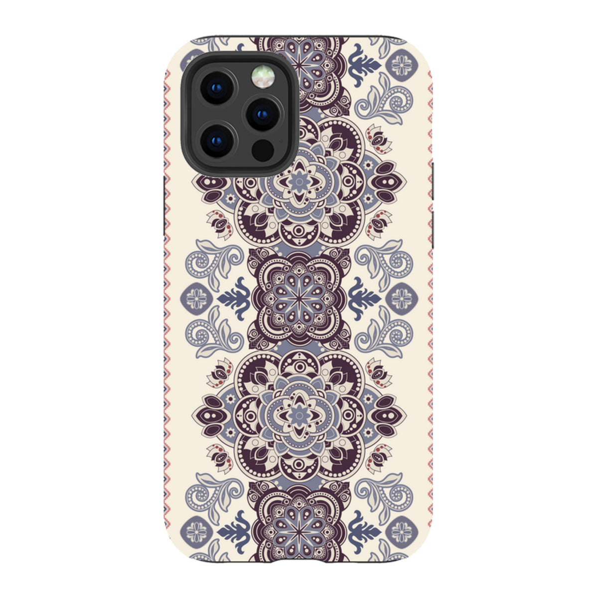 iPhone Tough Case in Clovelly design with a cream background and intricate purple and blue mandala floral patterns.