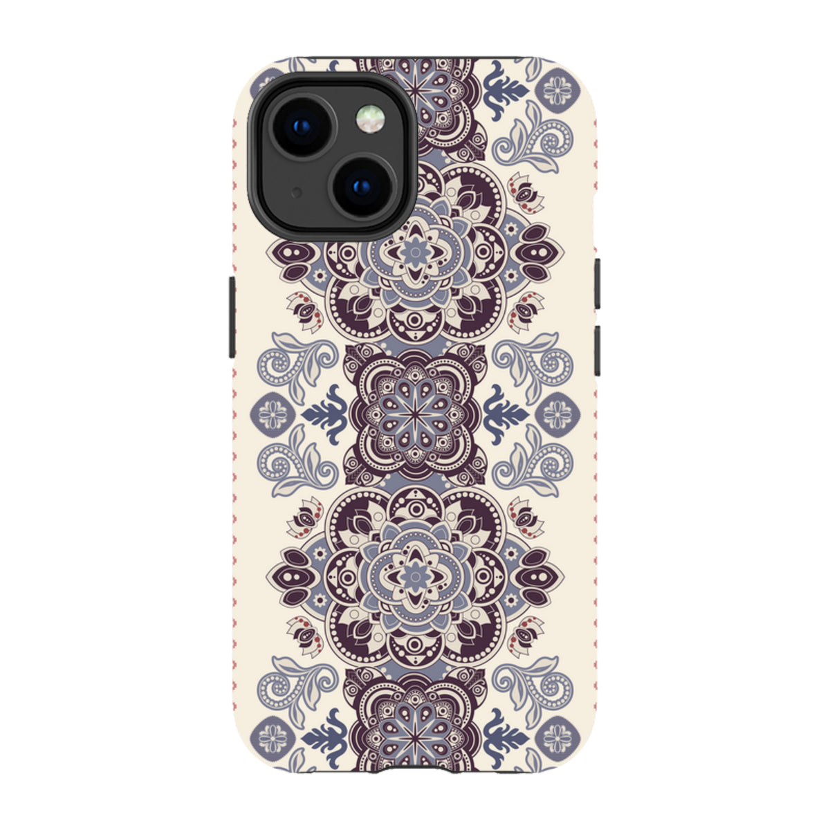 iPhone Tough Case in Clovelly design featuring a cream background with intricate purple and blue mandala patterns.