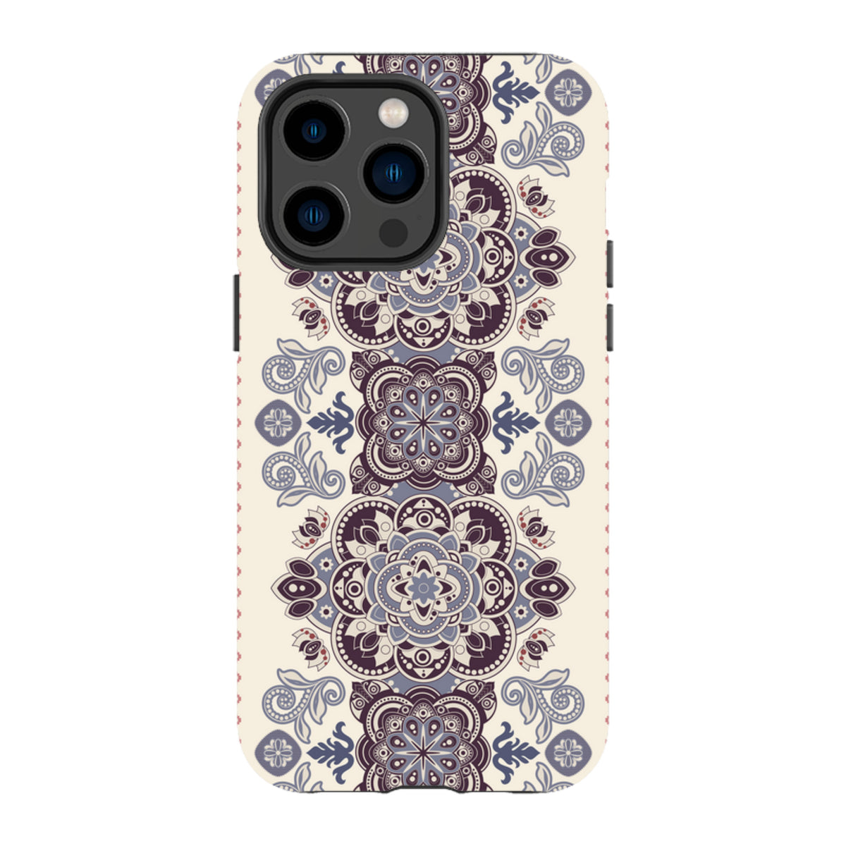iPhone Tough Case in Clovelly design featuring a cream background with intricate purple and grey mandala patterns.