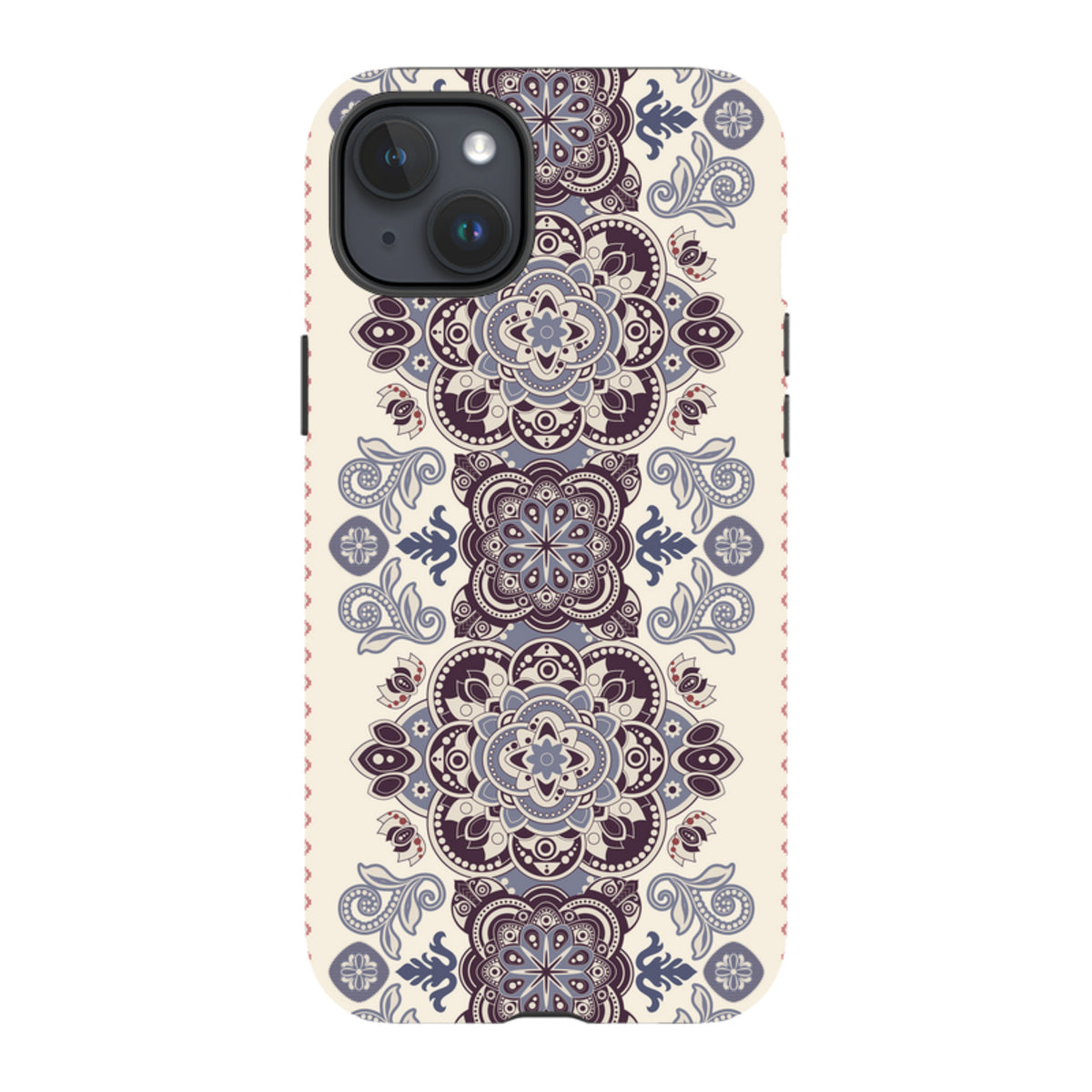 iPhone Tough Case in Clovelly design with a cream background and intricate purple and blue mandala floral patterns.