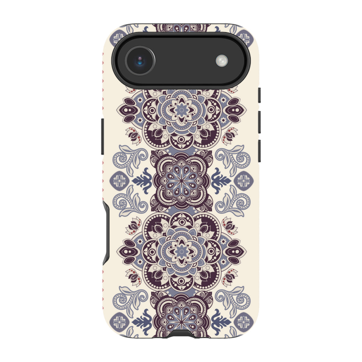 iPhone Tough Case featuring a cream background with intricate purple and blue mandala-style floral patterns.