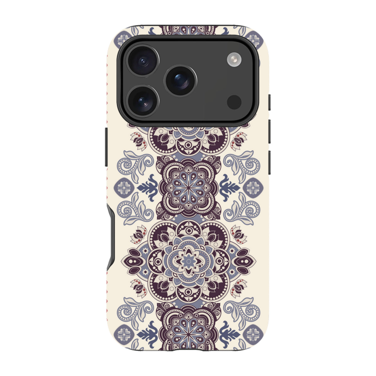 Clovelly iPhone tough case featuring a cream background with intricate purple and blue mandala-style floral patterns.