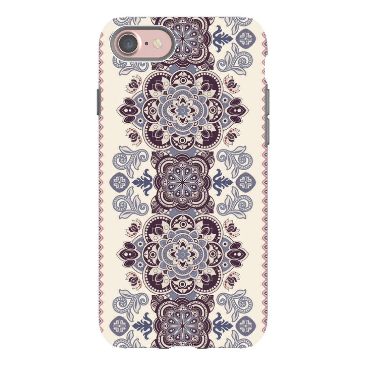 iPhone Tough Case in Clovelly design with a cream background and intricate purple and blue mandala floral patterns.