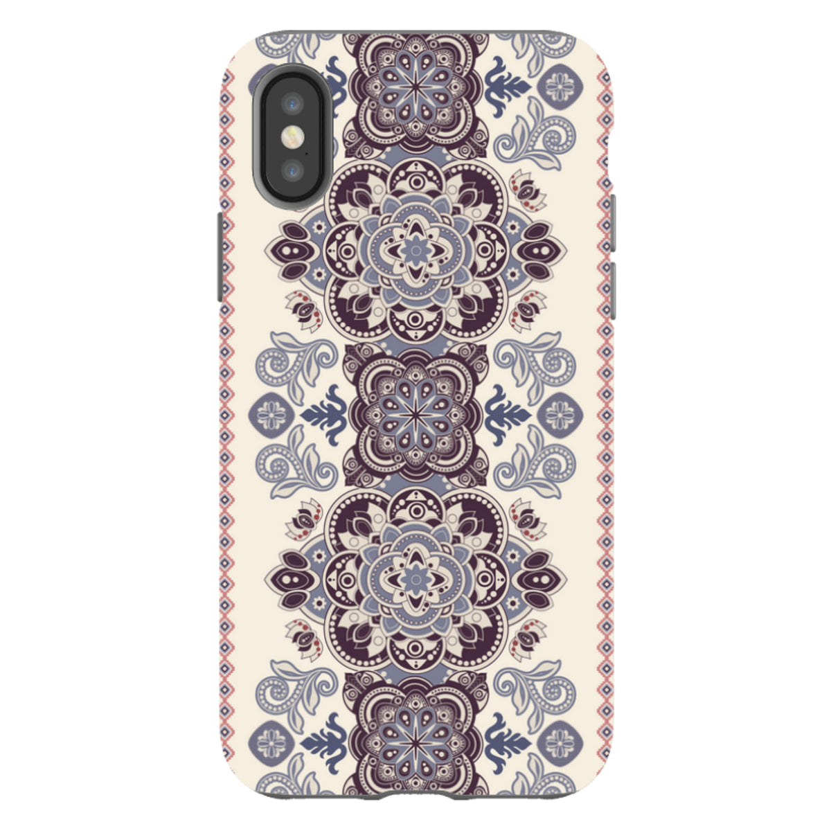 iPhone Tough Case in Clovelly design featuring a cream background with intricate purple and blue mandala patterns.
