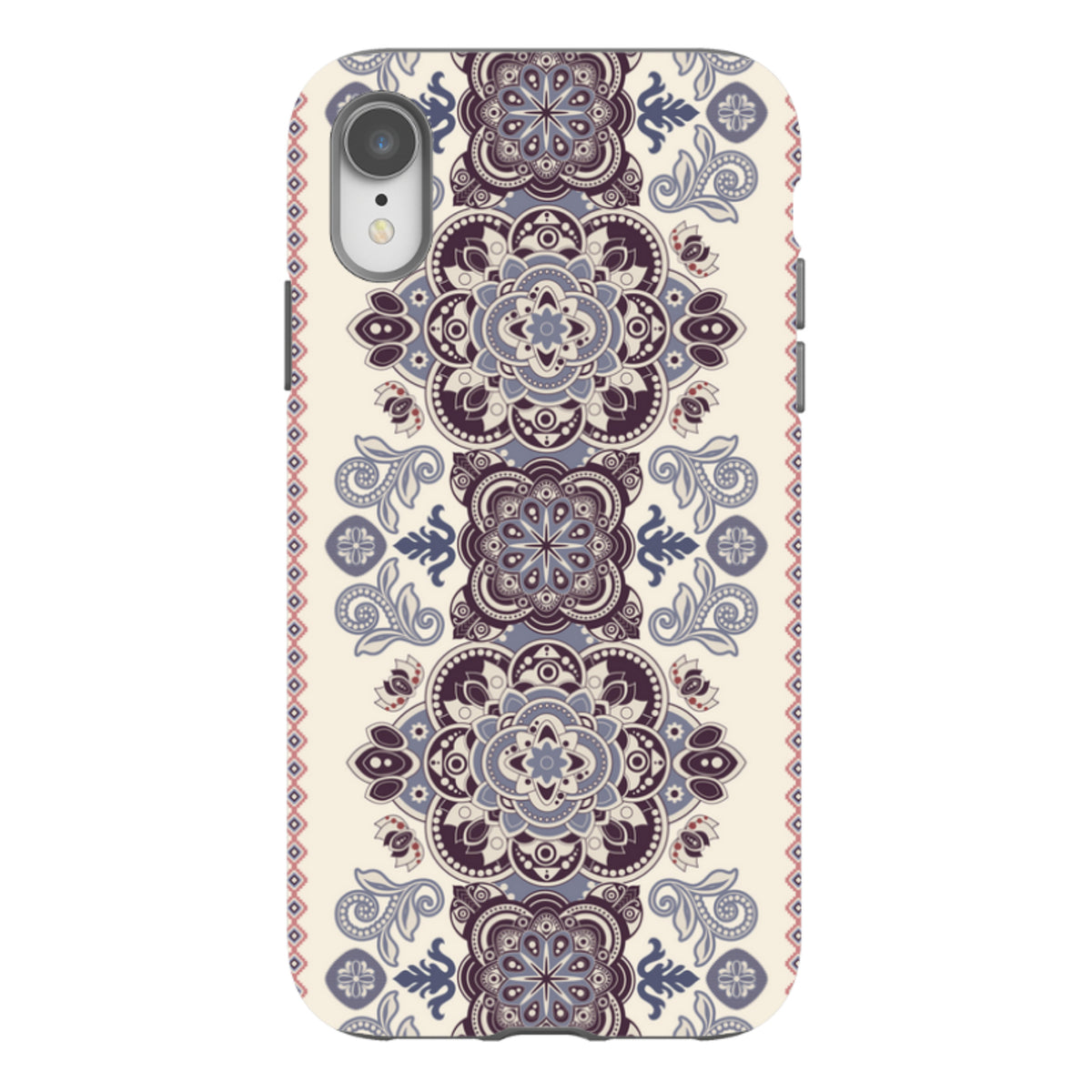 iPhone Tough Case in Clovelly design featuring a cream background with intricate purple and blue mandala patterns.