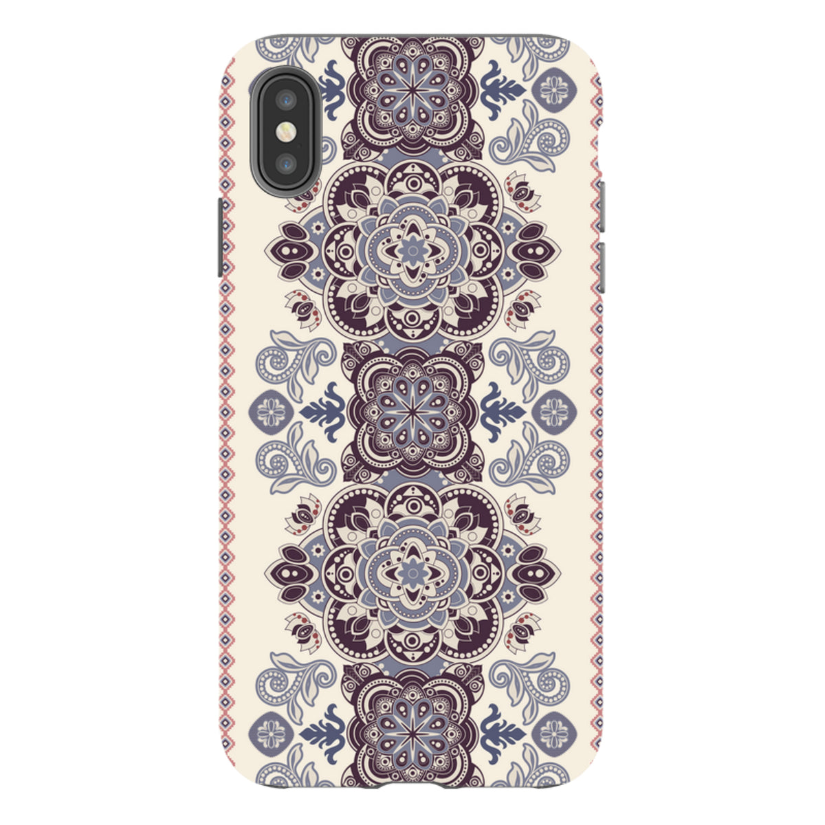 iPhone tough case featuring a cream background with intricate purple and blue mandala-style floral patterns.