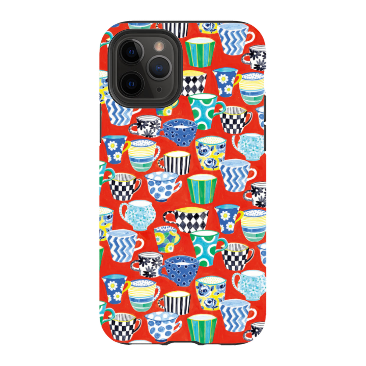 Dual-layer iPhone tough case with a vibrant red background featuring a colorful, patterned coffee mug illustration.