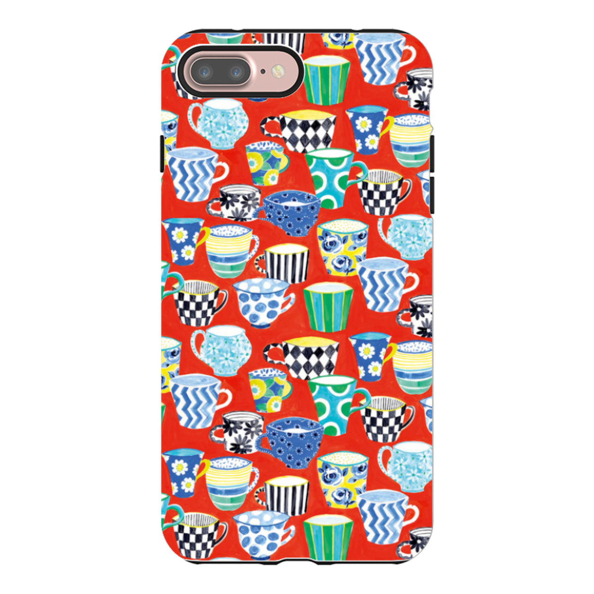 iPhone tough case with a vibrant red background featuring a colorful, artistic pattern of various coffee mugs.