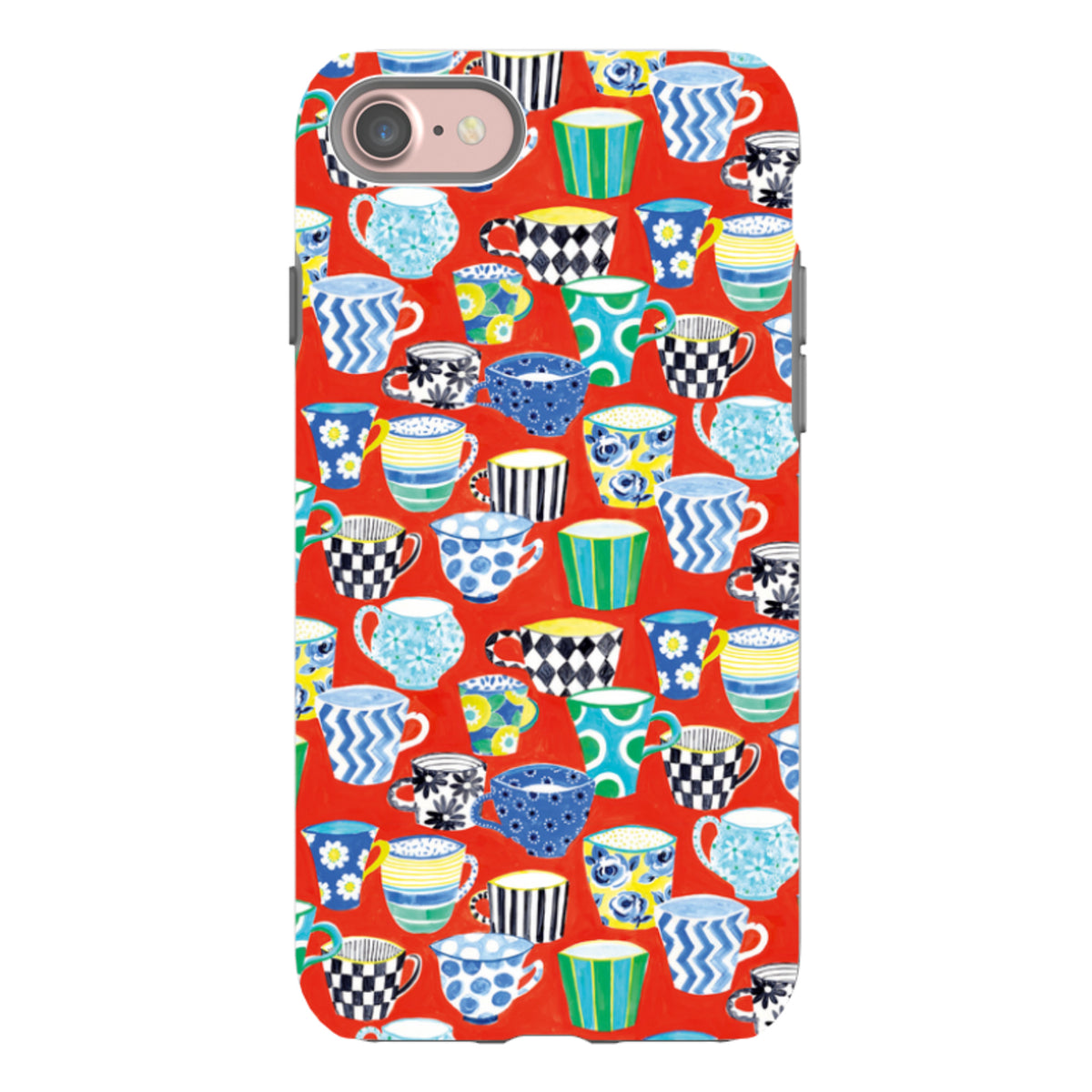 iPhone tough case with a vibrant red background featuring a colorful, patterned print of various coffee mugs and cups.