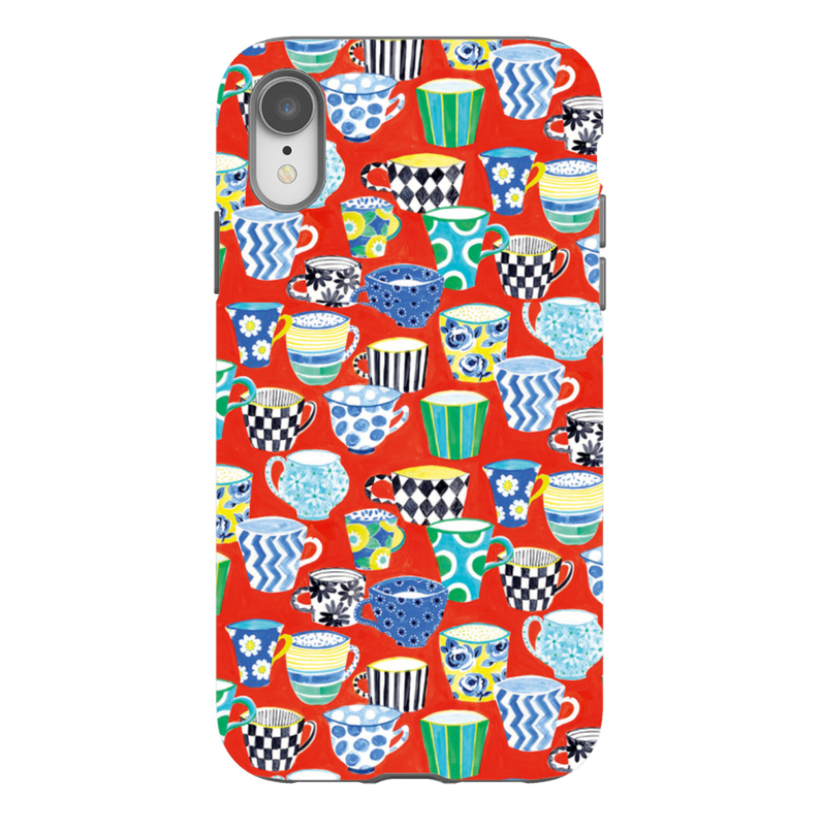 iPhone tough case featuring a vibrant red background with a colorful, repeating pattern of various coffee cup designs.