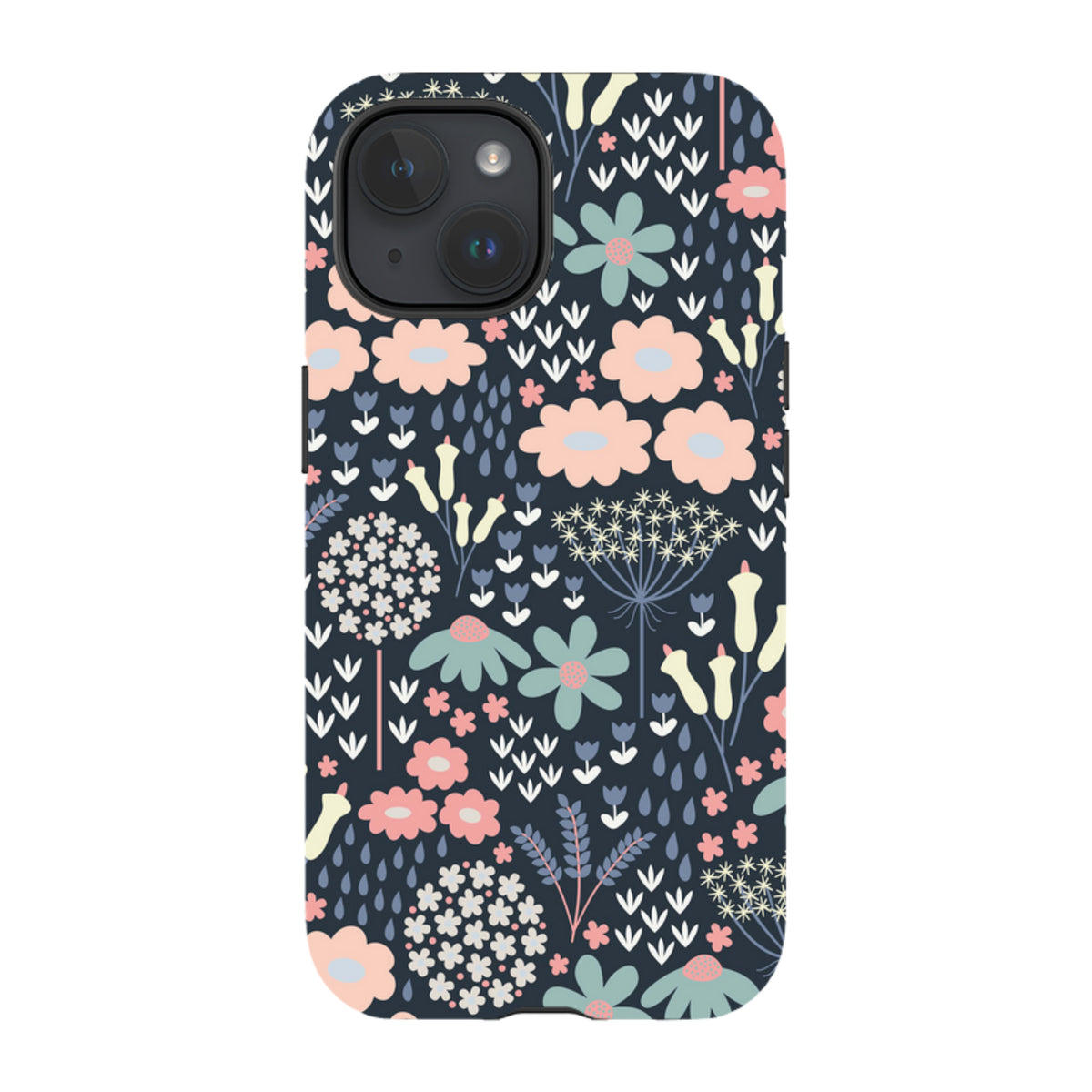 iPhone Tough Case featuring a dark floral Cool Meadow pattern with pink and blue flowers on a durable dual-layer shell.
