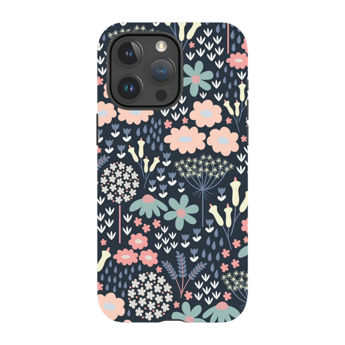 iPhone tough case with a dark blue background featuring a whimsical floral meadow pattern in soft pink, teal, and cream.