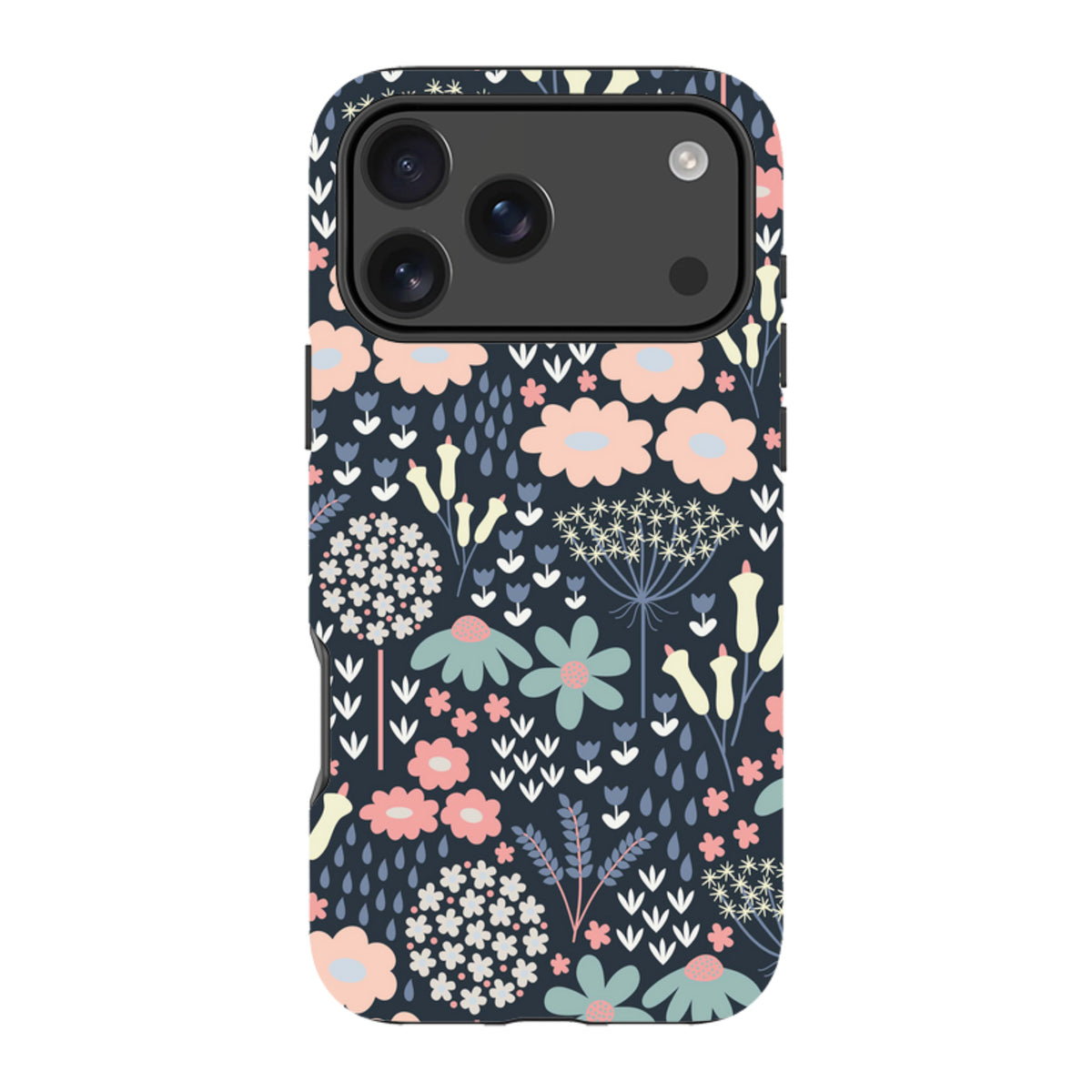 iPhone tough case with a dark navy floral meadow pattern in soft pink, blue, and cream, featuring a dual-layer design.