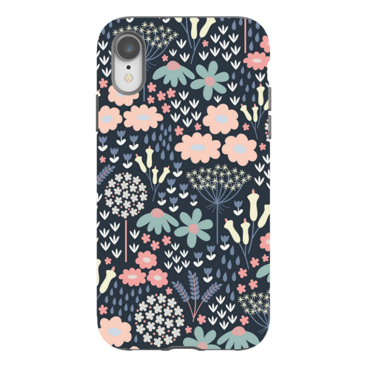 iPhone Tough Case featuring a dark navy background with a whimsical floral meadow pattern in soft pink, blue, and cream.