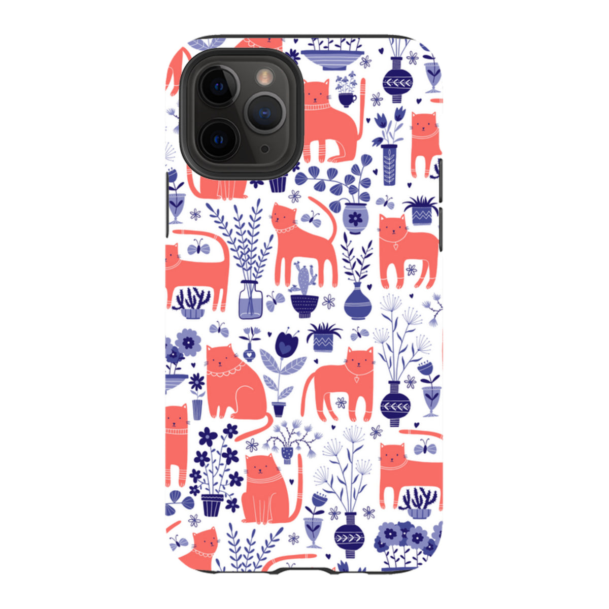 iPhone tough case featuring a coral cat and blue floral pattern on a white background with a protective dual-layer design.
