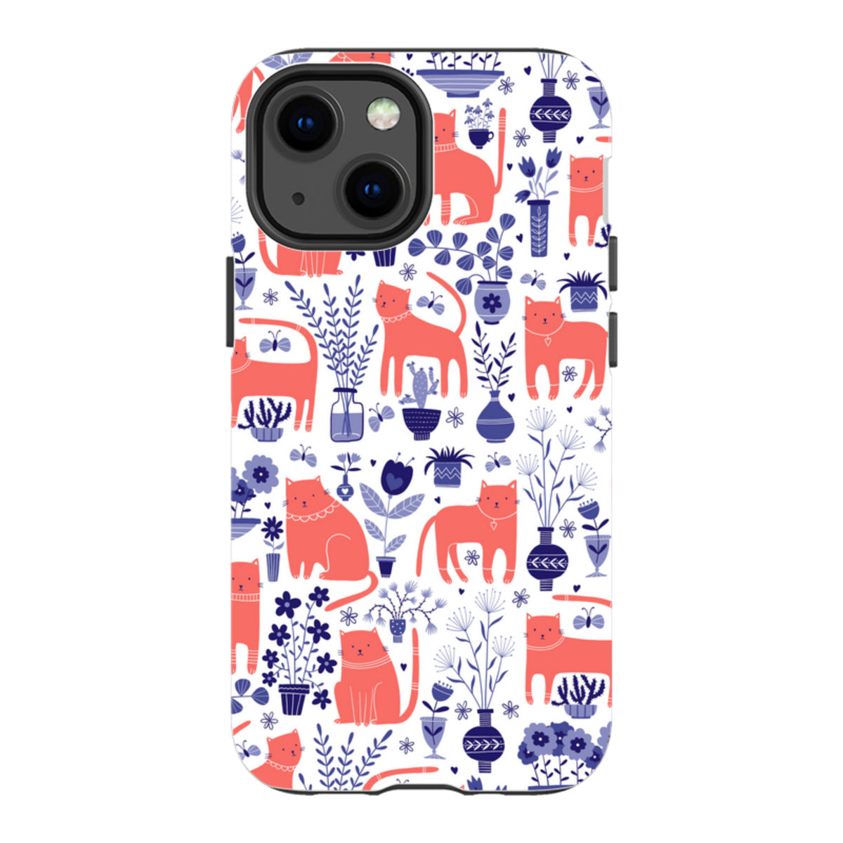 iPhone tough case featuring a coral cat and blue botanical pattern on a white background with dual-layer protection.