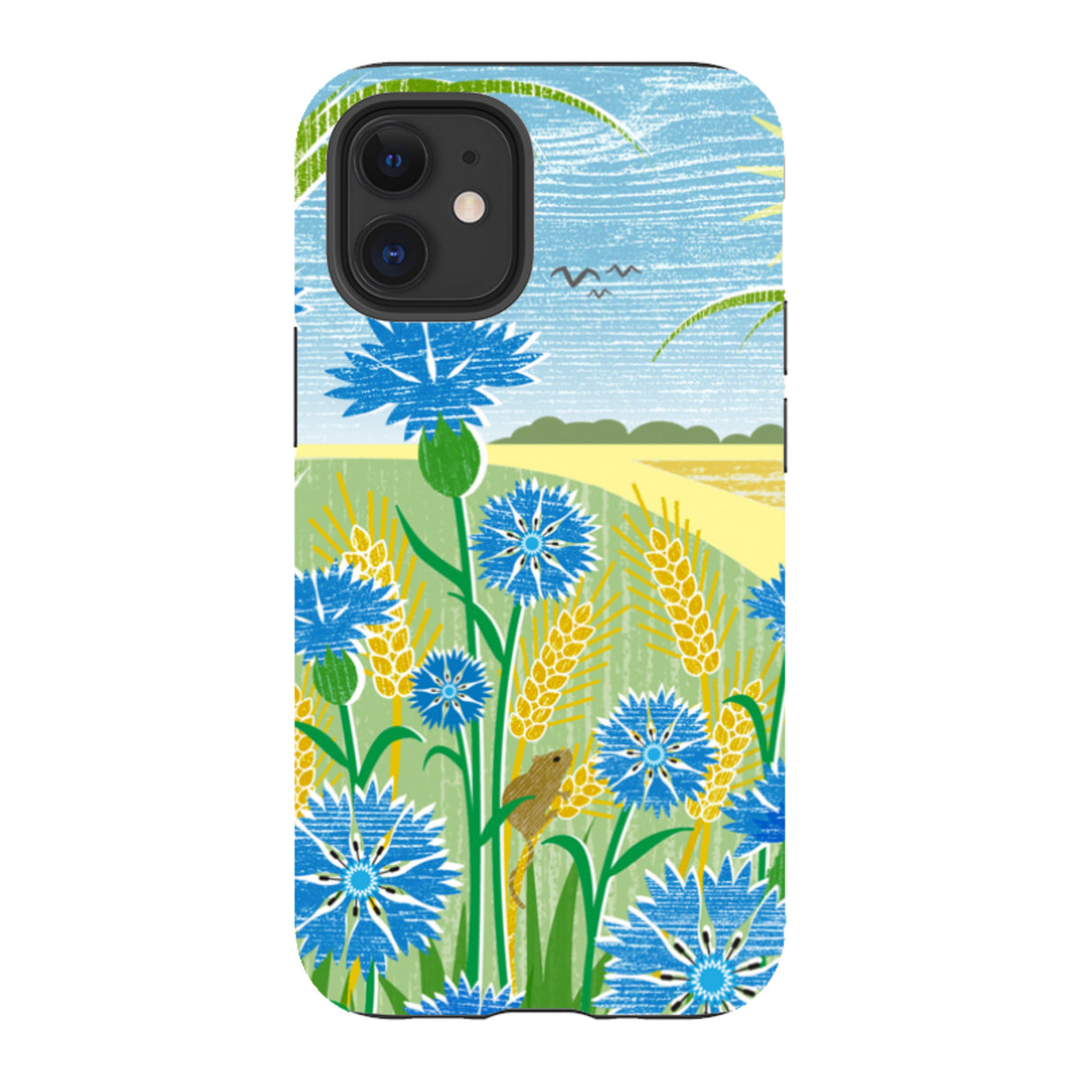 iPhone tough case featuring Liane Payne’s blue cornflower and wheat field illustration with a dual-layer protective design.
