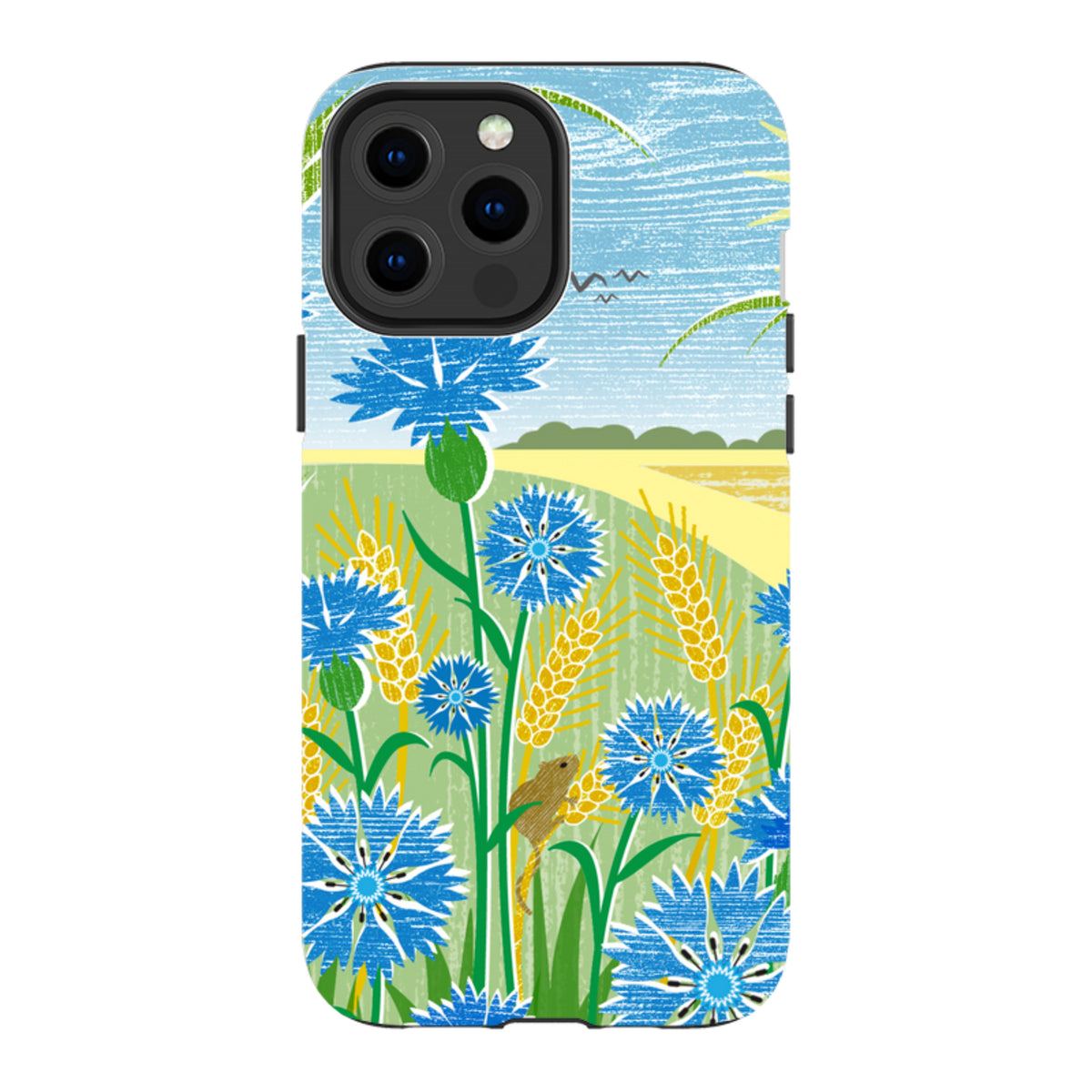 iPhone tough case featuring Liane Payne's blue cornflower and wheat field illustration with a dual-layer protective design.