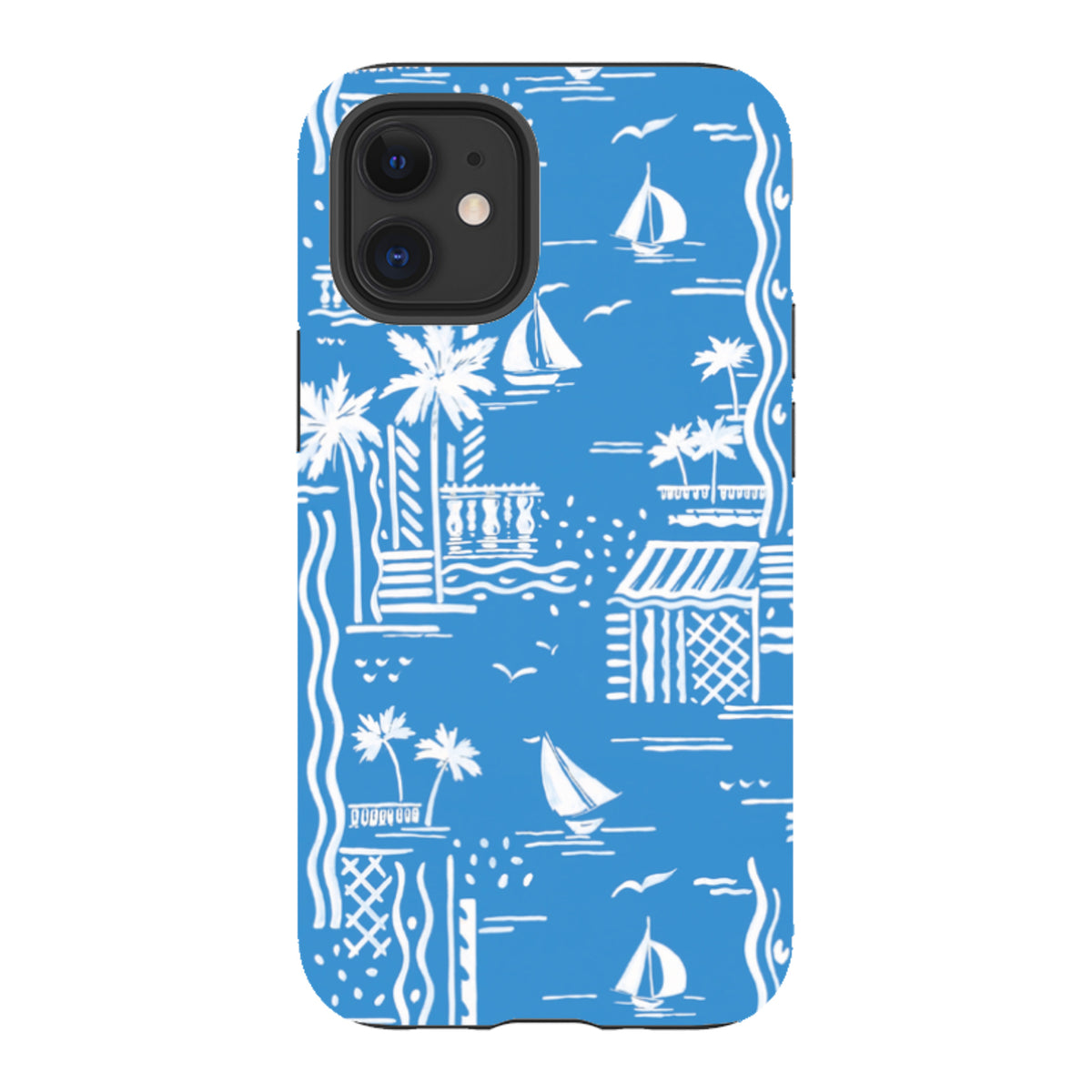 Dual-layer iPhone case with a blue and white Cote D'Azur boat and palm tree pattern by Sarah Campbell.