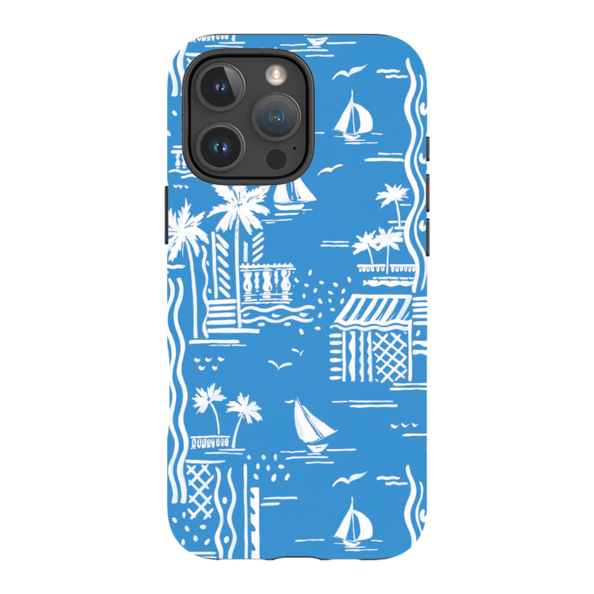 Dual-layer iPhone tough case featuring a blue and white Cote D'Azur boat and palm tree pattern by Sarah Campbell.