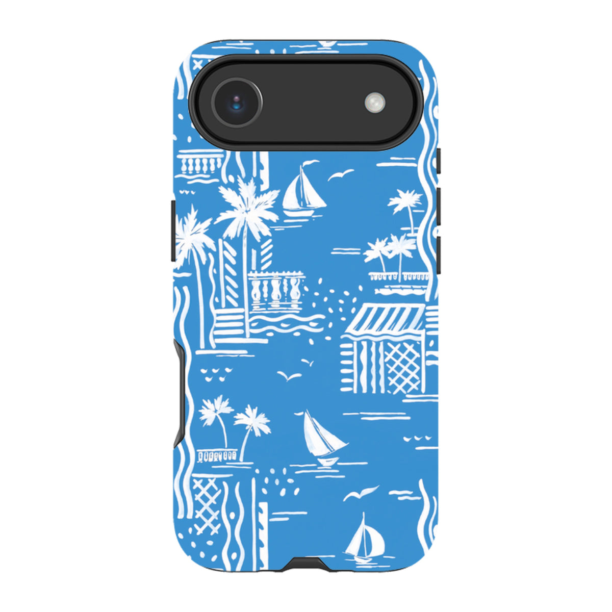 Dual-layer iPhone tough case featuring a blue and white Cote D'Azur boat and palm tree pattern by Sarah Campbell.